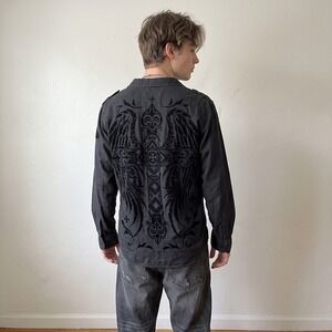Y2K Vintage Raw State Mens Shirt Large Black Embroidered Gothic Cross Wings